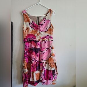 Moulinette Soeurs Floral Pink & Orange Tiered Silk Sleeveless Dress